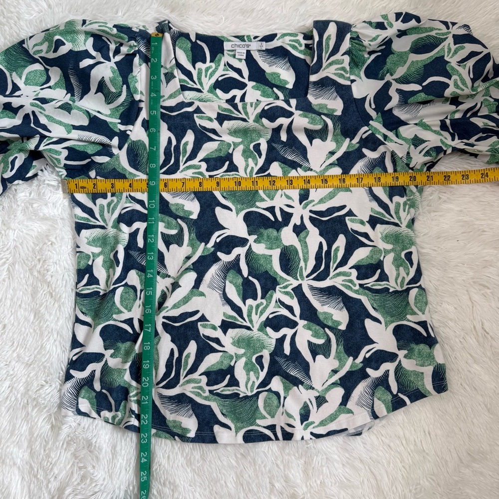 Chico's Blue and Green Leaf Print Blouse - Picture 6 of 6